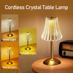 Cordless crystal table lamp with warm, natural, and white light settings; gold base