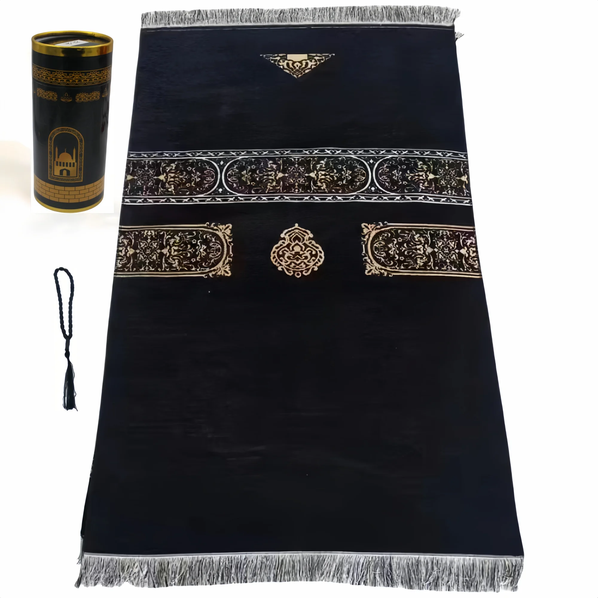 Dark prayer rug with gold medallion motif, ornate border bands, and fringe edges