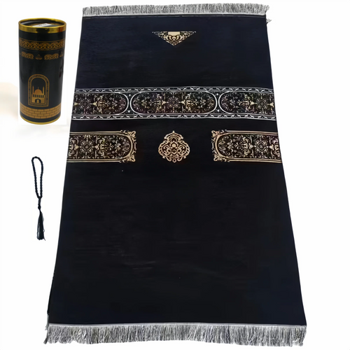Black prayer rug with gold medallion band and center emblem, gray fringe edges