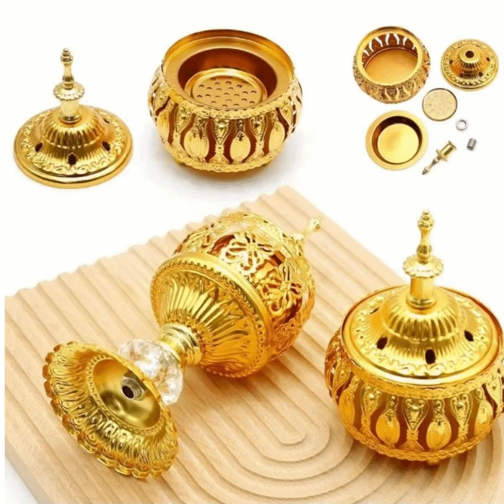 Gold Arabian lattice incense holder tower with removable lid and base dish