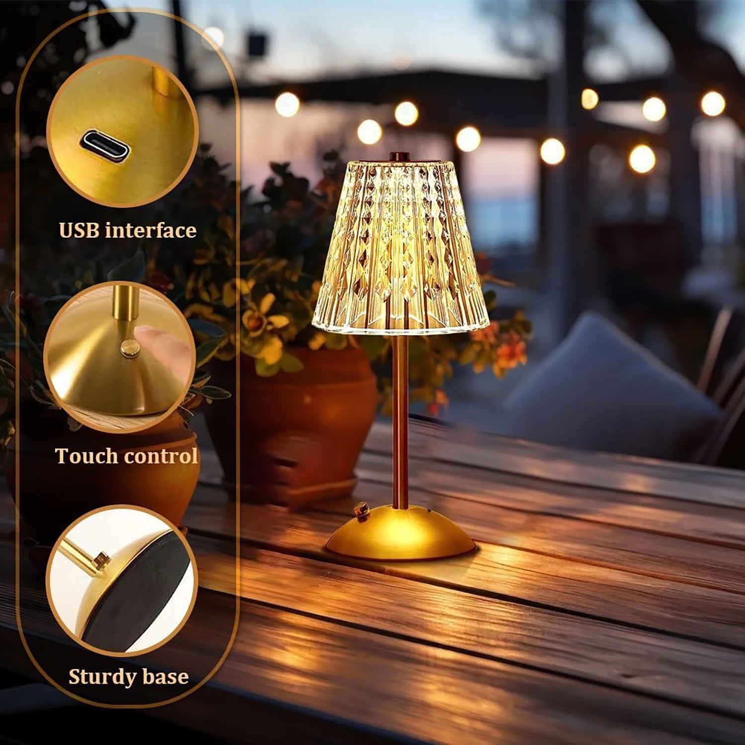 Champagne gold crystal table lamp with USB port and touch control features on base