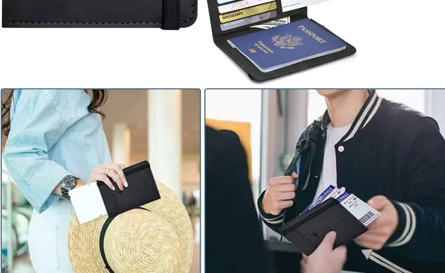 Black passport holder wallet with card slots showing cards and passport inside