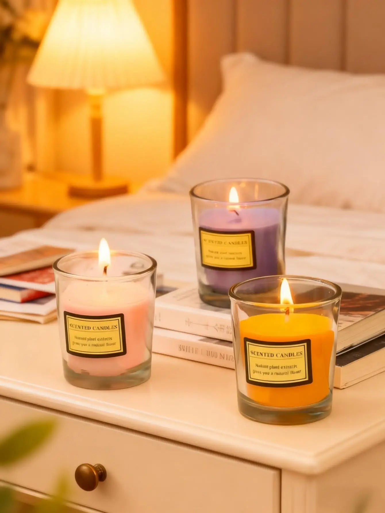 Scented candles in clear glass jars with pink, lavender purple, and orange wax