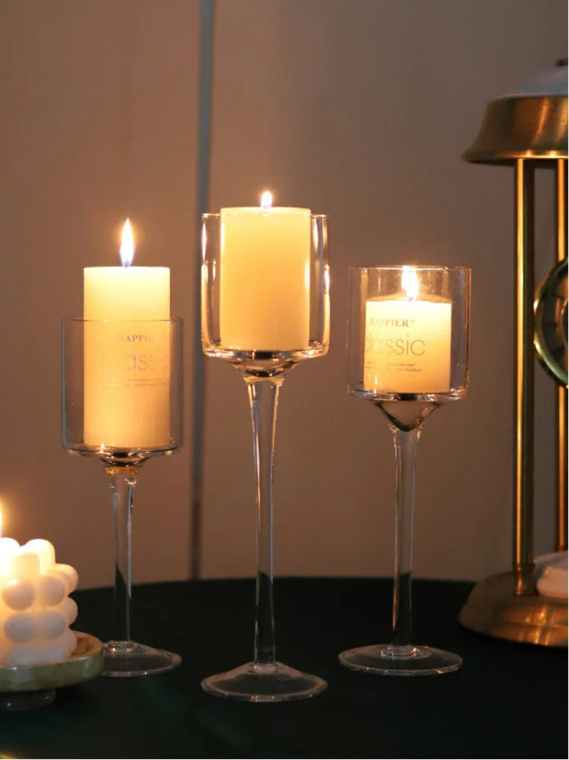 Tall glass candle holder set of 3 with three clear goblet-style holders