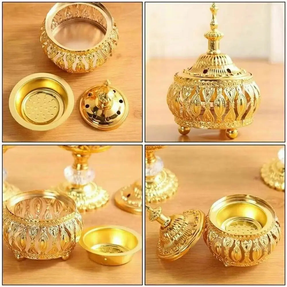 Gold incense holder tower shown with ring, lid, burner insert, and base dish