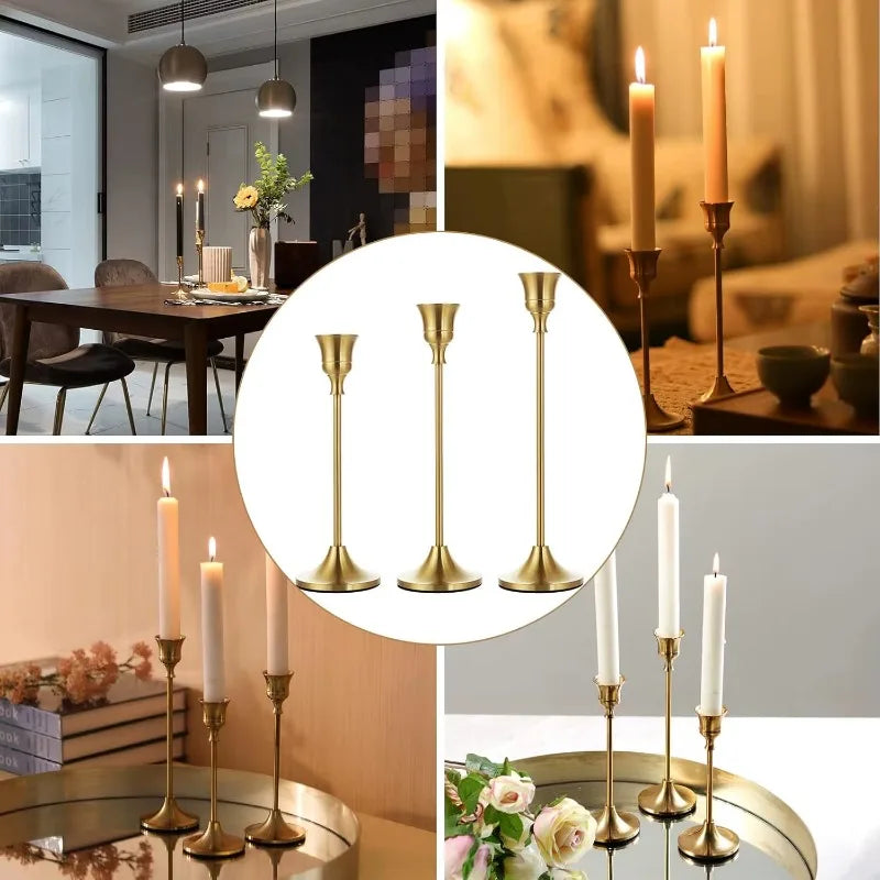 Gold metal tabletop candle holder set shown with three upright holders
