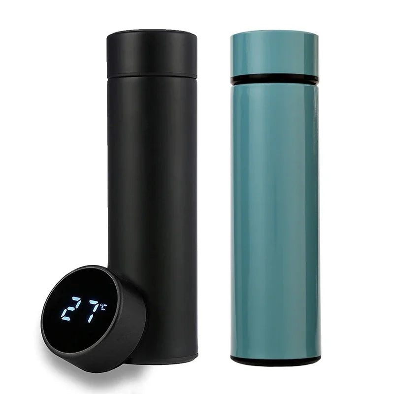 Dual-wall smart thermos set: black and teal bottles with LED temperature display