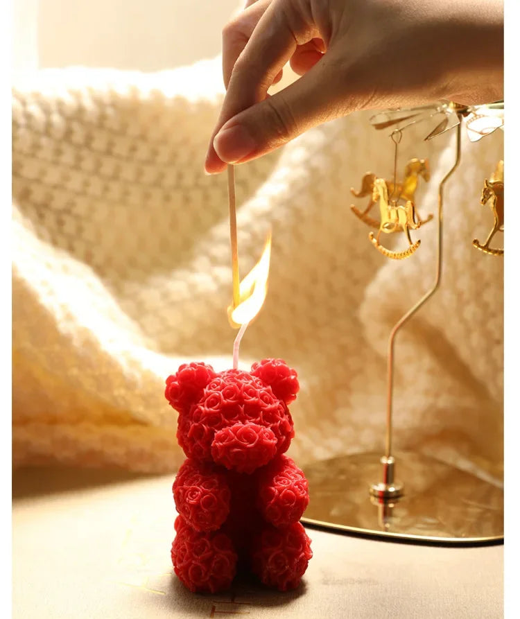 Rose bear scented candle gift set, red rose bear candle with lit white wick