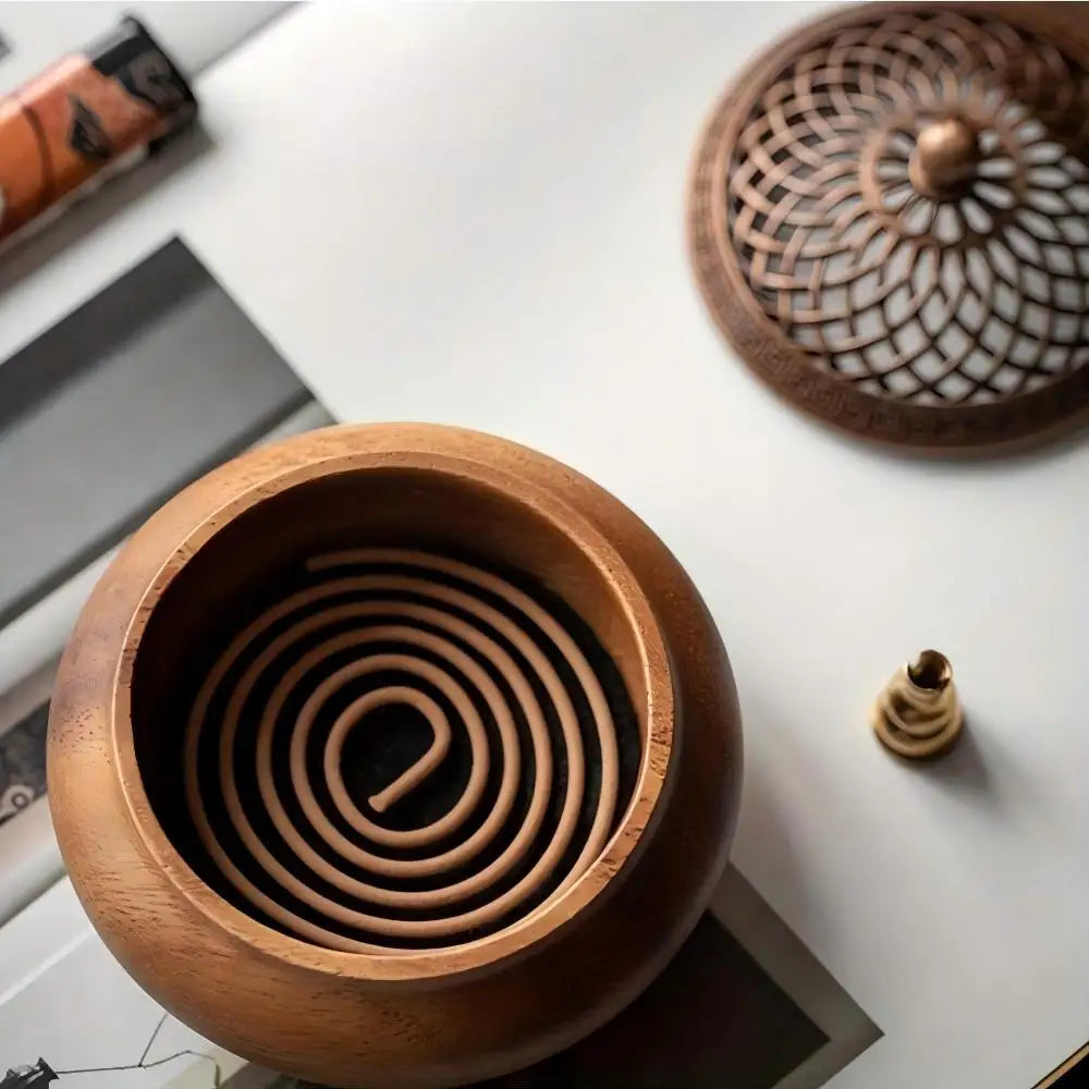 Round solid wood incense tray with inner spiral smoke coil and open top cavity