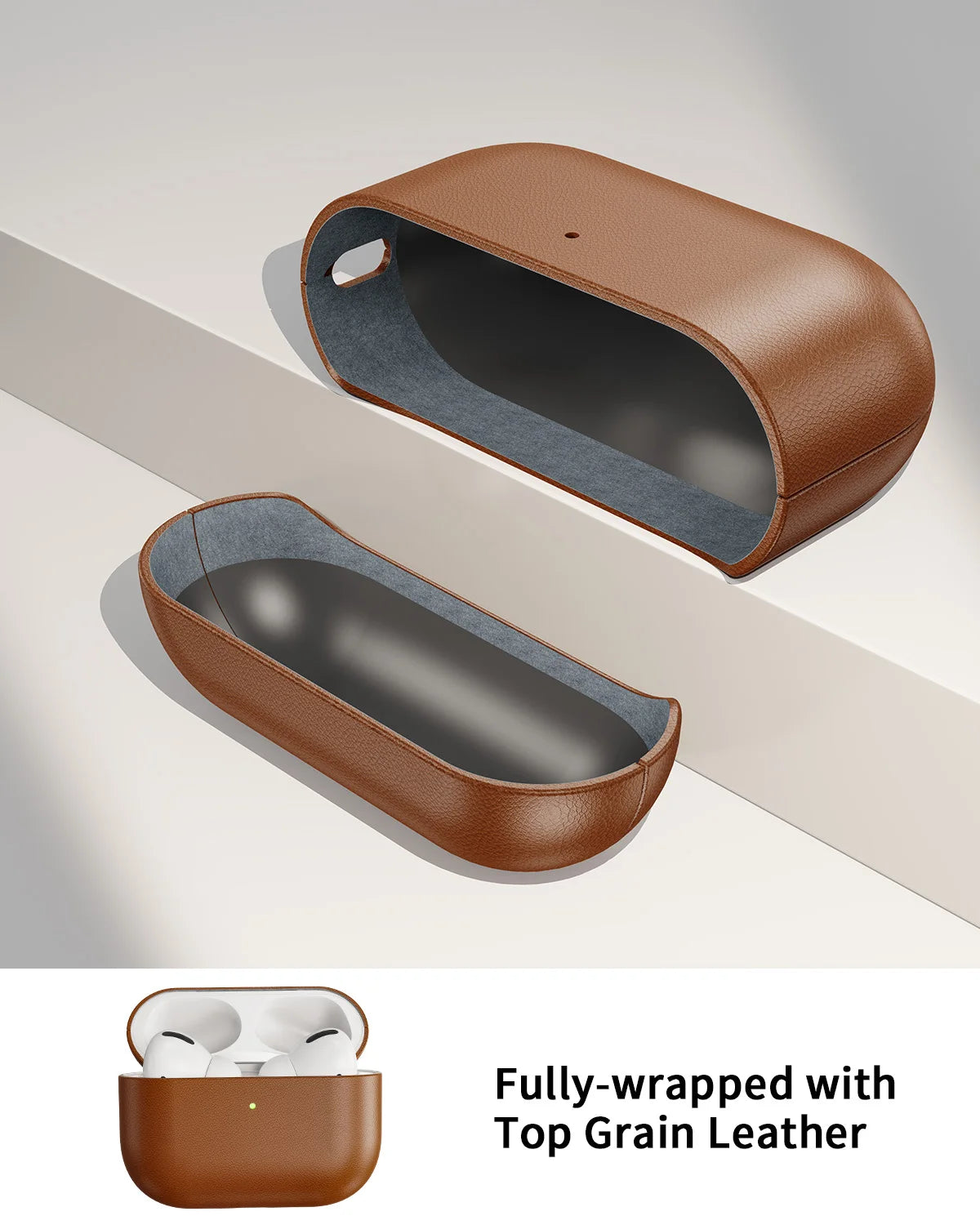 Leather AirPods Pro 3 case, brown, open to reveal dark interior lining