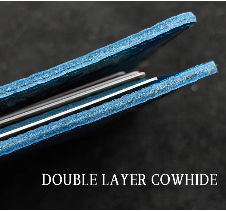 Blue leather folio with double-layer cowhide construction shown along the folded edge.