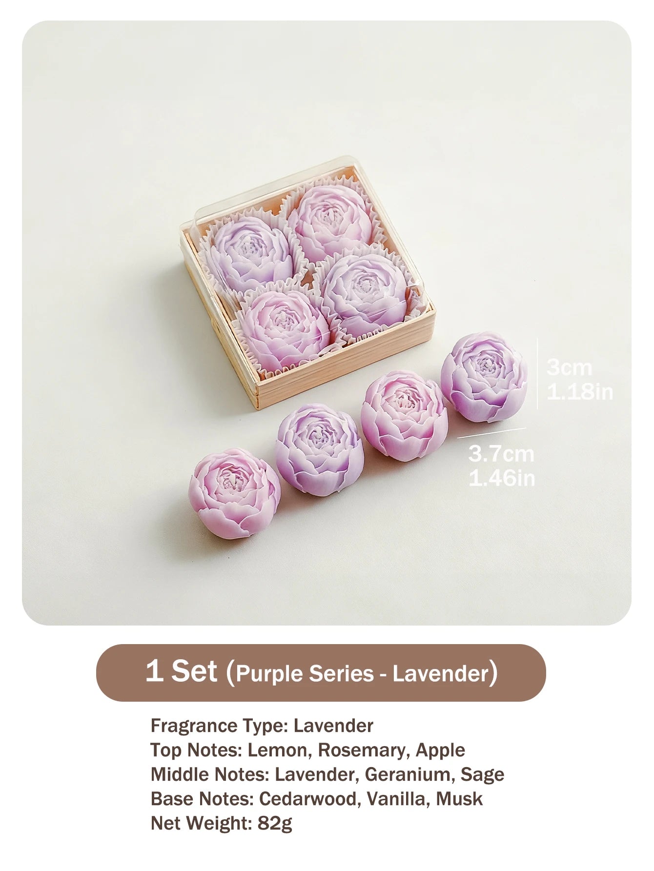Purple lavender rose wax candles in a wooden gift box, 4-pack
