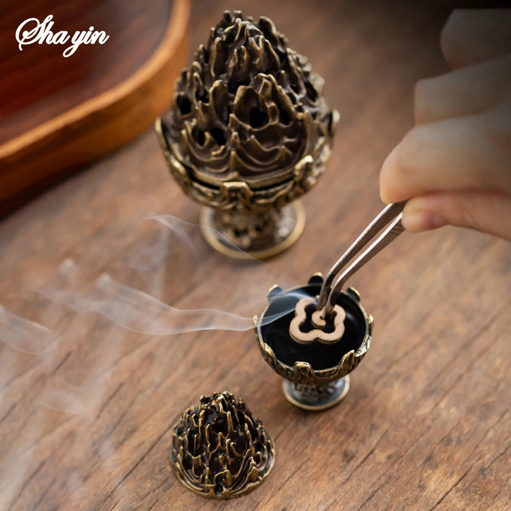 Twin Mountain incense burner set with two bronze, pagoda-style tops