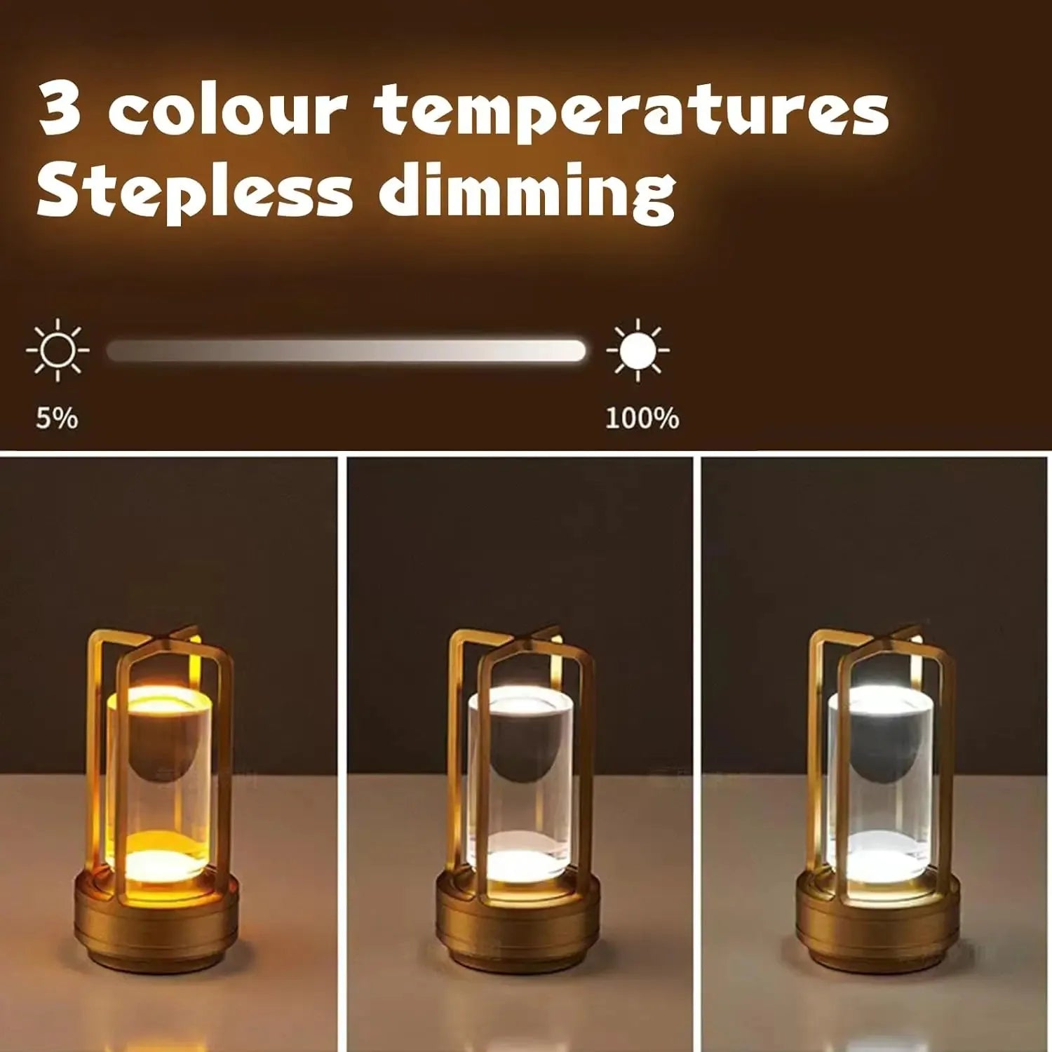 Golden cordless table lamp with touch control, dimmable warm light lantern