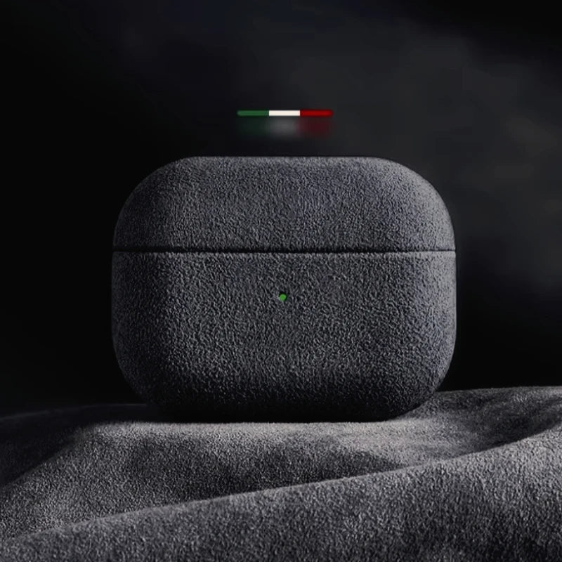 Italian suede AirPods case, obsidian dark charcoal finish with central button cutout