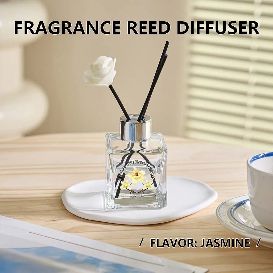 100ml reed diffuser bottle with black reeds and jasmine flower accents
