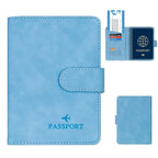 Sky blue RFID passport wallet with fold-over strap and stitched oval tab detail
