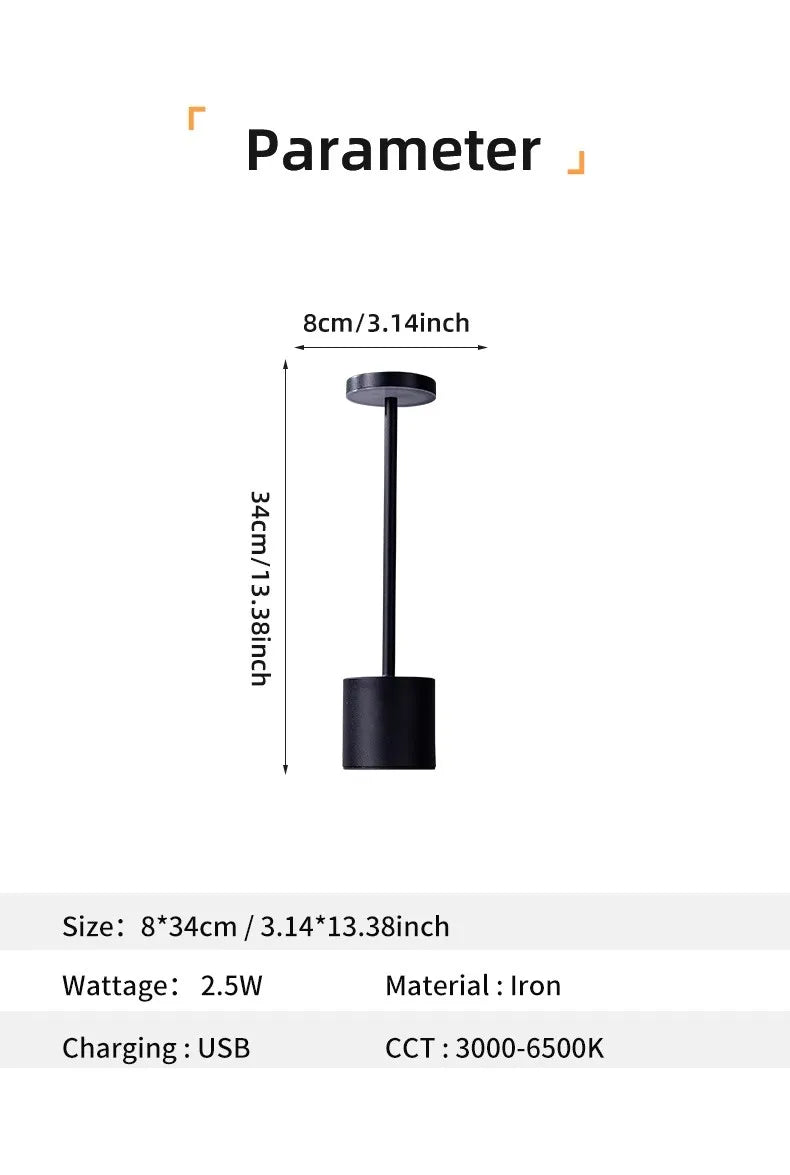 Portable LED touch lamp, dark finish, size and power specs (2.5W, USB charging)
