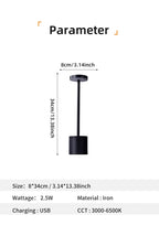 Portable LED touch lamp, dark finish, size and power specs (2.5W, USB charging)