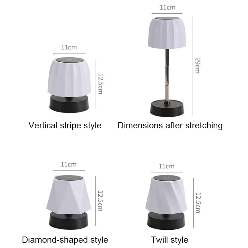 Cordless LED lamp dimensions diagram: 11cm base, 29cm height, white shade
