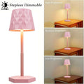 Minimalist touch lamp with rose blush rippled shade and matching square base