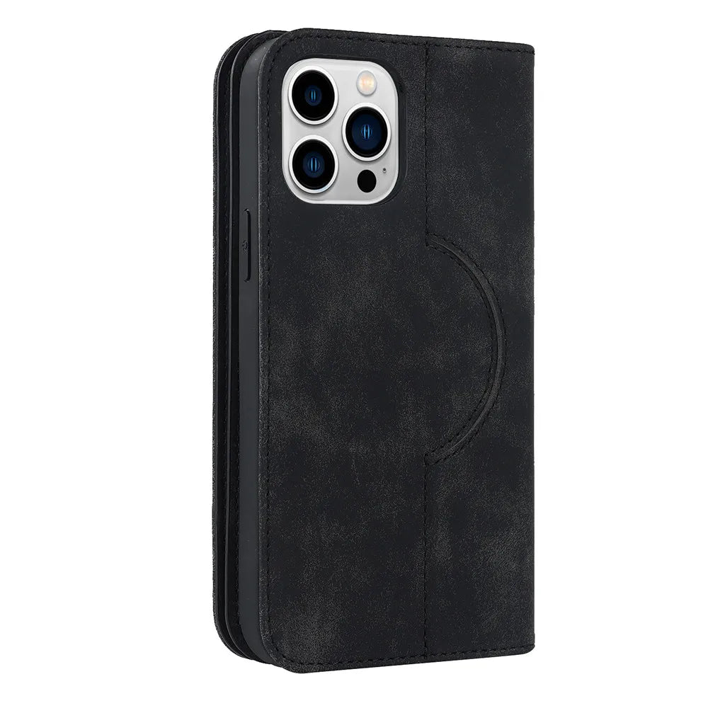 Black leather phone wallet case with camera cutout and circular front pocket