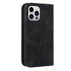 Black leather phone wallet case with camera cutout and circular front pocket