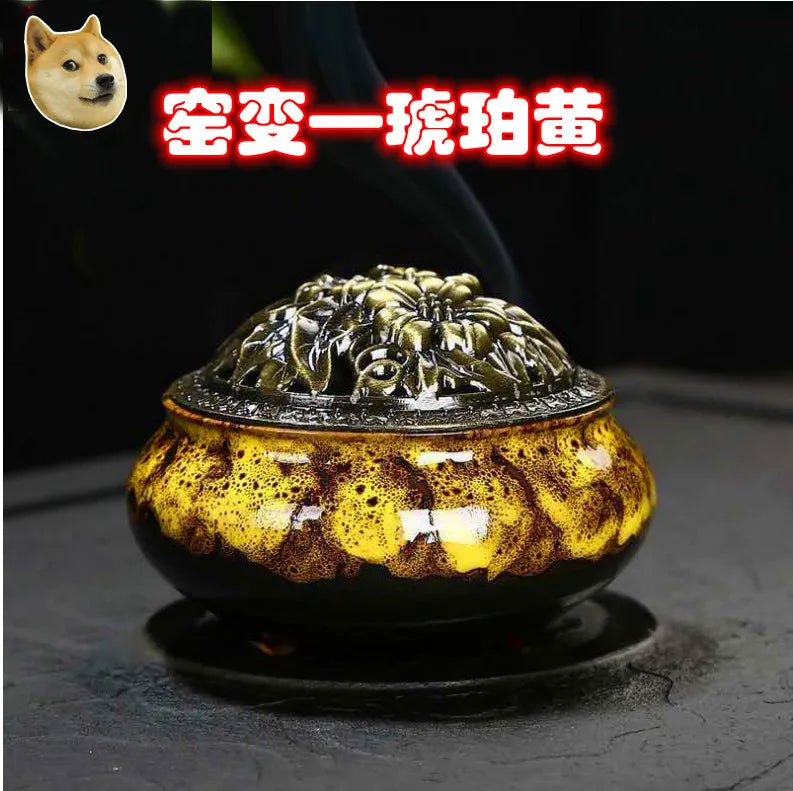 Ceramic incense burner with golden yellow speckled glaze and bronze dome lid
