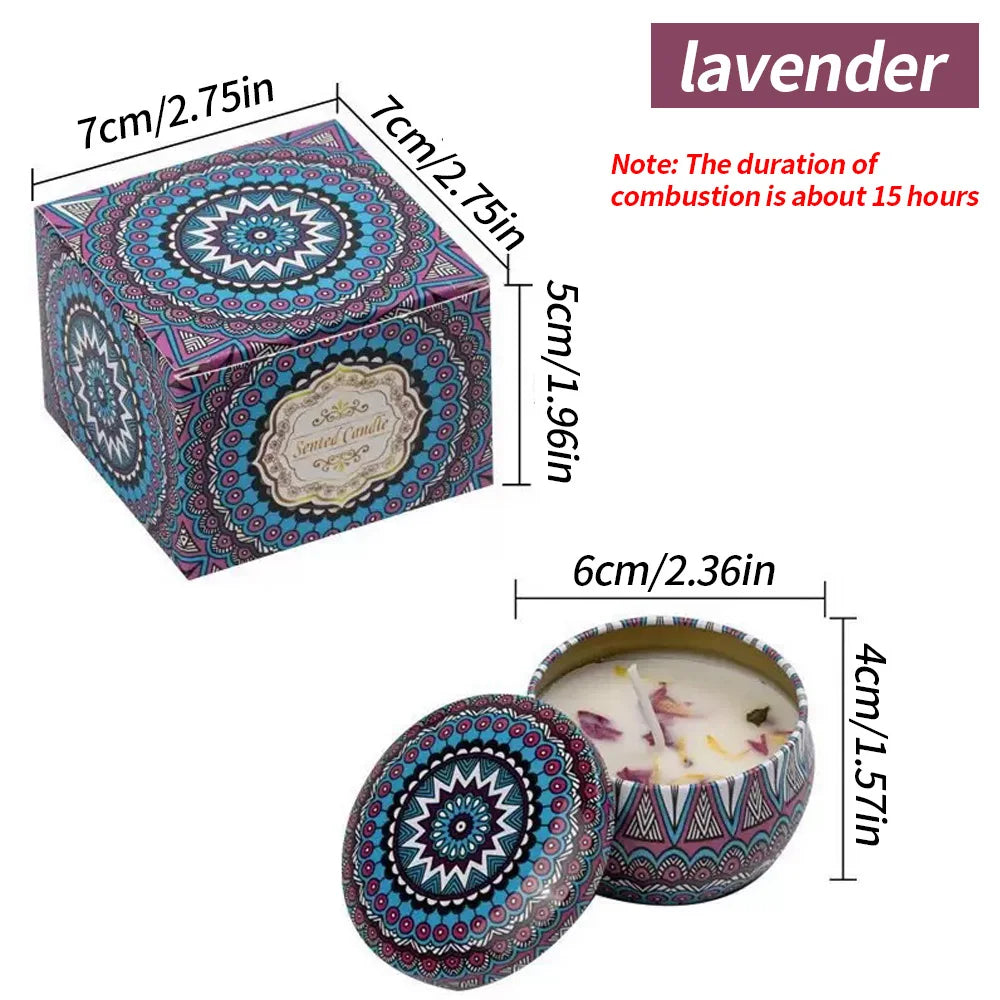 Lavender floral aromatherapy candle, dark patterned tin with lid and wax