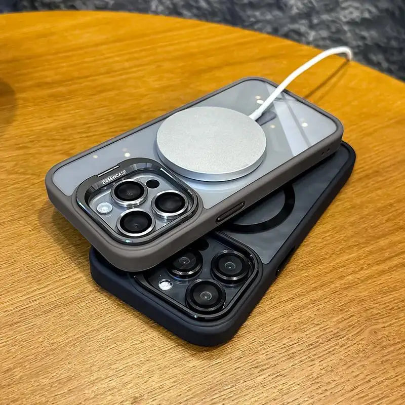 Gray magnetic lens phone case with metal camera ring and round lens puck