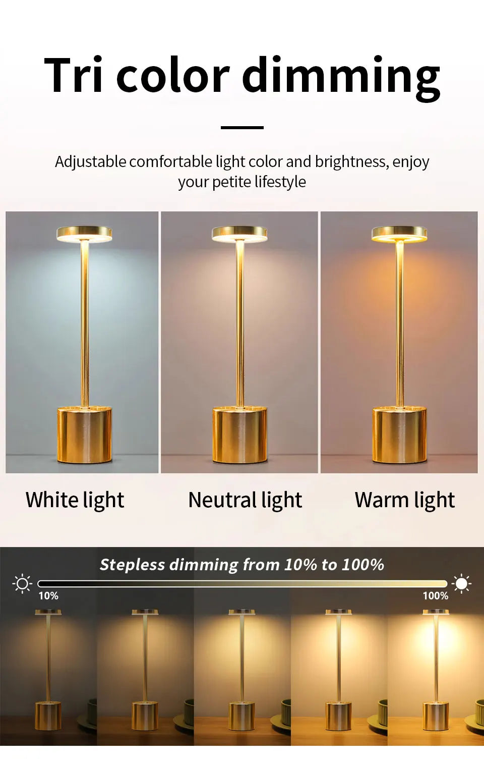 Stepless tri-color dimming table lamp preview: white, neutral, warm light