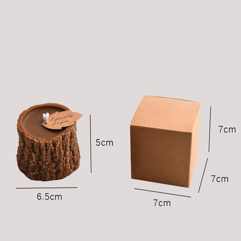 Woodland tree stump scented candle set with size dimensions: 6.5cm and 7cm