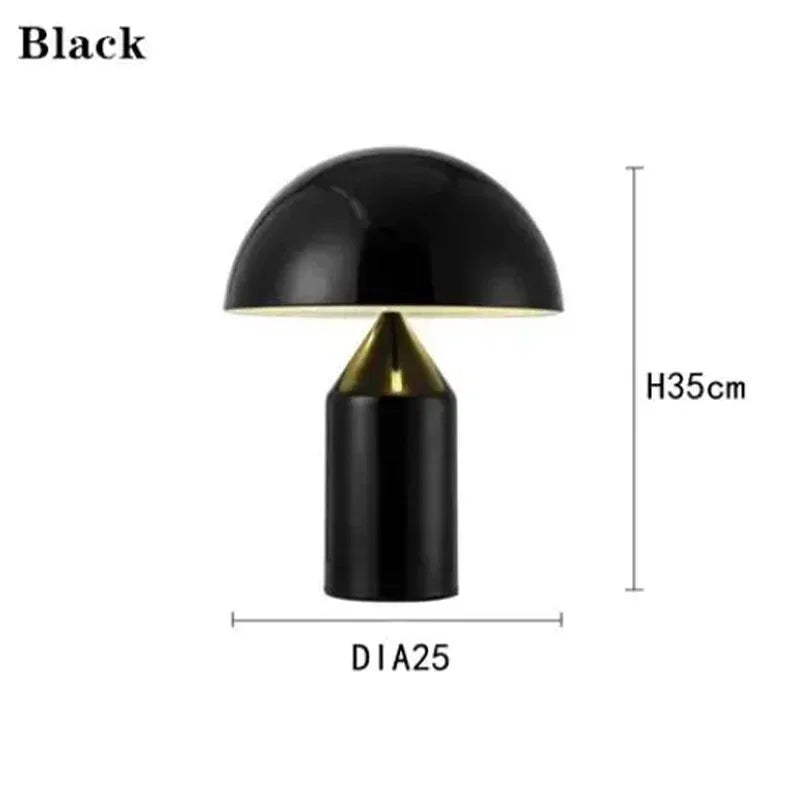 Black mushroom LED table lamp with dome shade and cylindrical base, H35cm, Dia25cm
