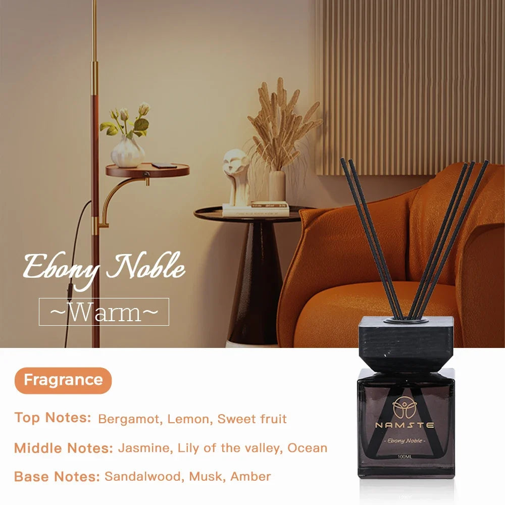 Ebony Noble reed diffuser oil, black cube bottle with five dark reeds
