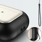Black leather plated lanyard AirPods case with white top, side strap loop detail