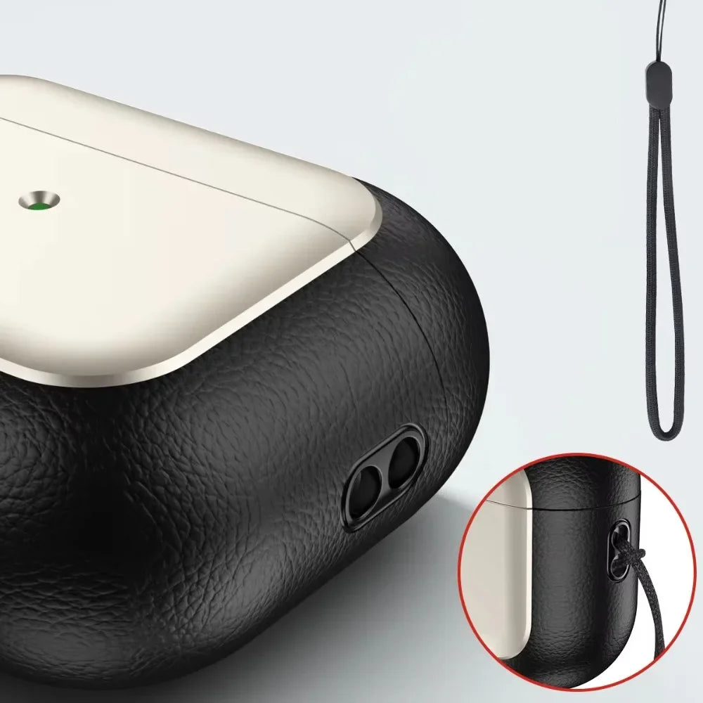 Black leather plated lanyard AirPods case with white top, side strap loop detail