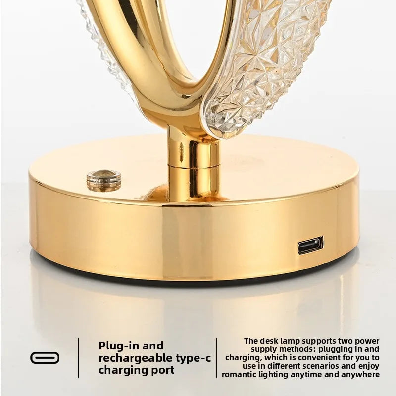 Gold base of pearl white crystal oval lamp with USB charging port