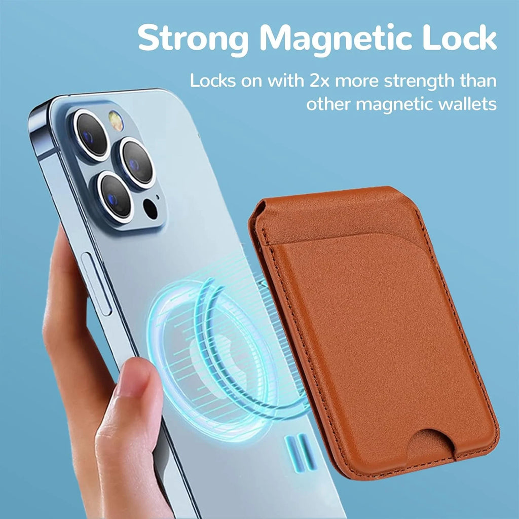 MagSafe wallet stand with brown leather-style card holder and phone back attachment