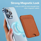 MagSafe wallet stand with brown leather-style card holder and phone back attachment