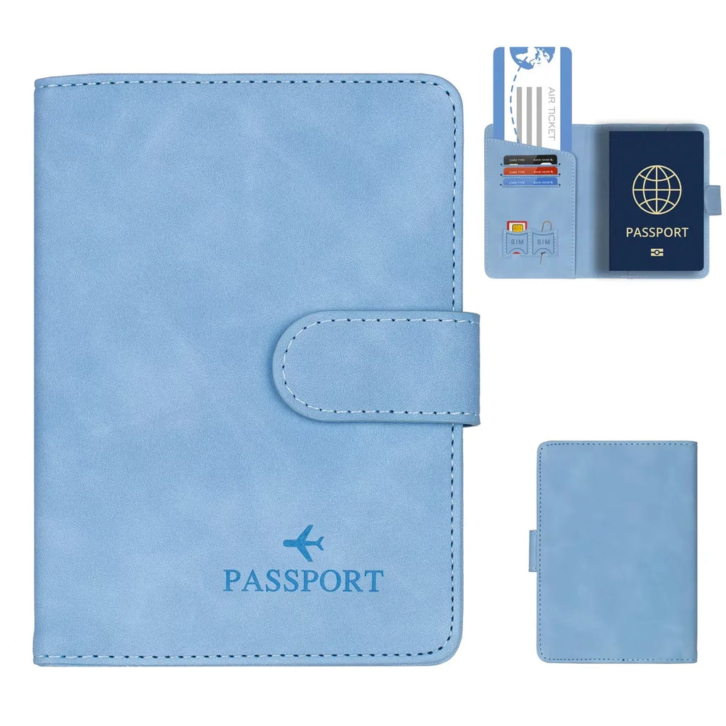 RFID passport wallet in sky blue vegan leather, open view with passport card slot