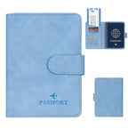 RFID passport wallet in sky blue vegan leather, open view with passport card slot