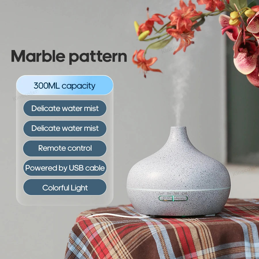 Marble-pattern 300ml aroma diffuser with colorful light and remote control