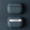 Cowhide leather AirPods case in sapphire blue, front opening and charging cut-out