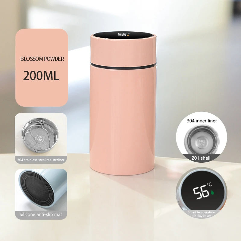 Petite smart thermos, pink 200ml body with black lid and digital temperature display