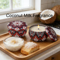 Coconut milk scented tin candle with flame in patterned container