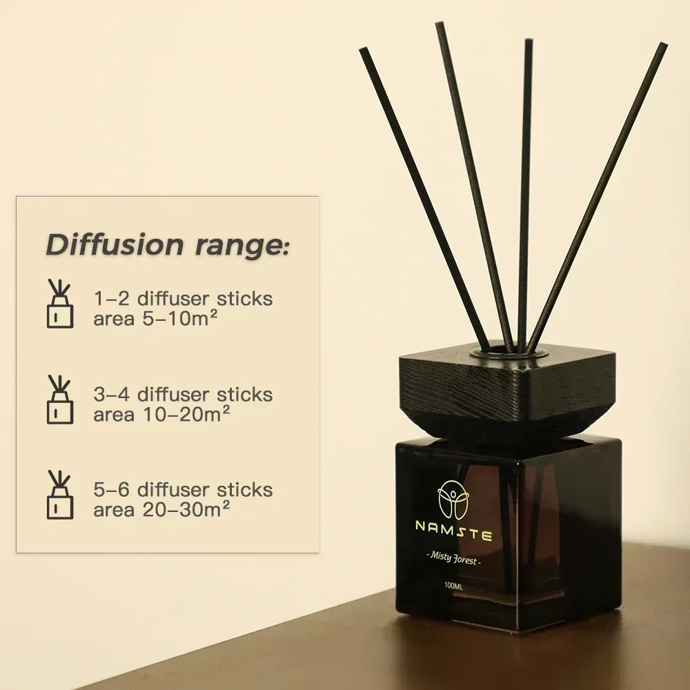 Misty Forest reed diffuser oil, black cube bottle with five dark reeds