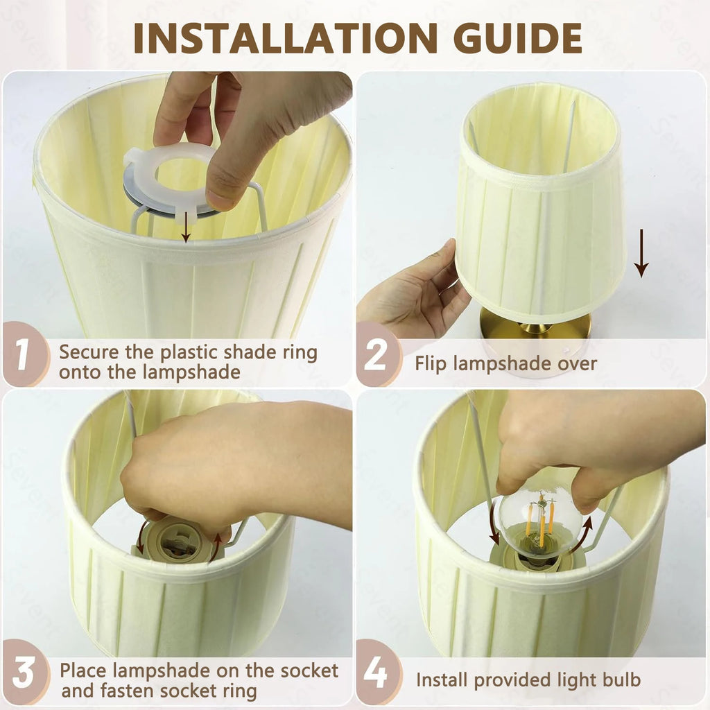 Lamp shade and brass lamp base with LED bulb installed; touch lamp assembly steps shown