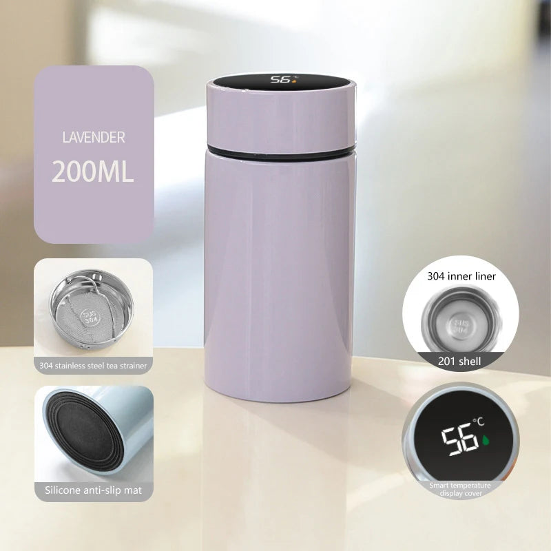 Lavender petite smart thermos (200mL) with LED temperature display and included tea strainer