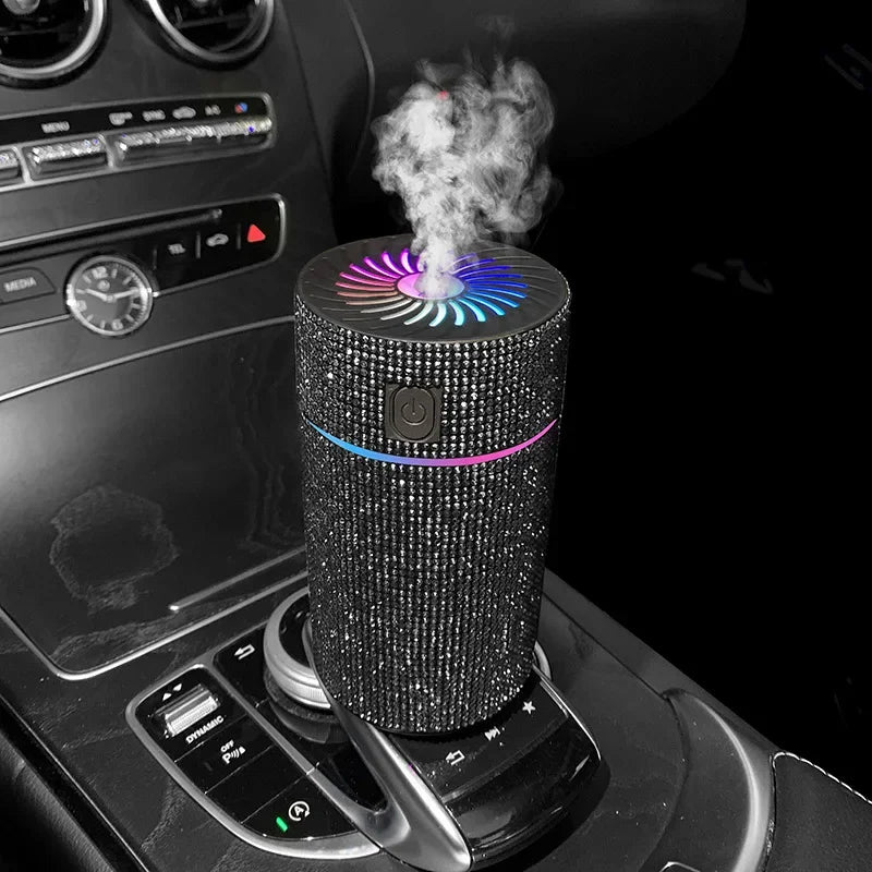 Black glitter car aroma diffuser with multicolor top light fan and vapor