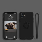 Silicone MagSafe phone case, black with circular MagSafe ring and camera cutouts.